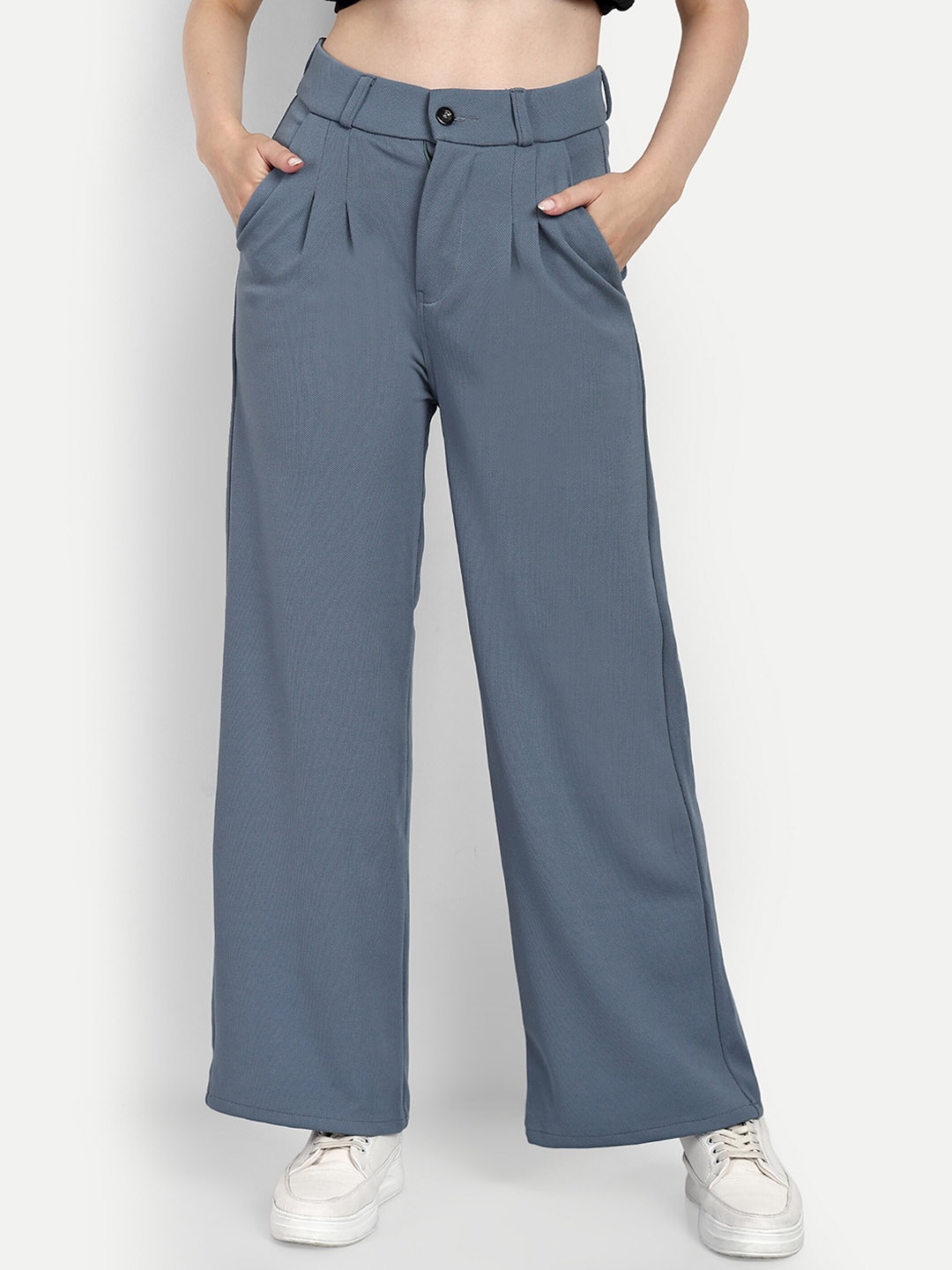 

Next One Women Smart Loose Fit High-Rise Easy Wash Cotton Parallel Trousers, Grey
