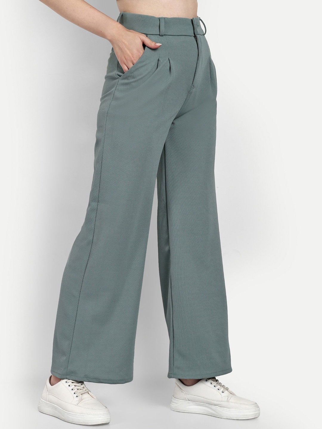

Next One Women Smart Loose Fit High-Rise Cotton Easy Wash Trousers, Sea green