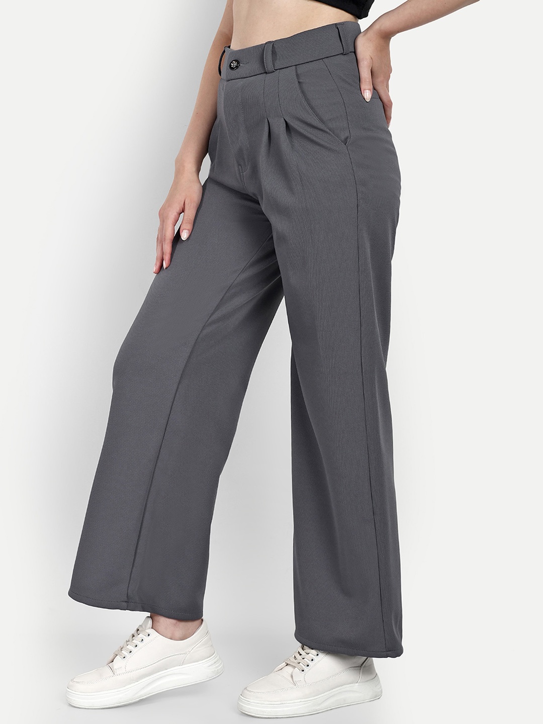 

Next One Women Smart Loose Fit High Rise Easy Wash Cotton Pleated Parallel Trousers, Grey