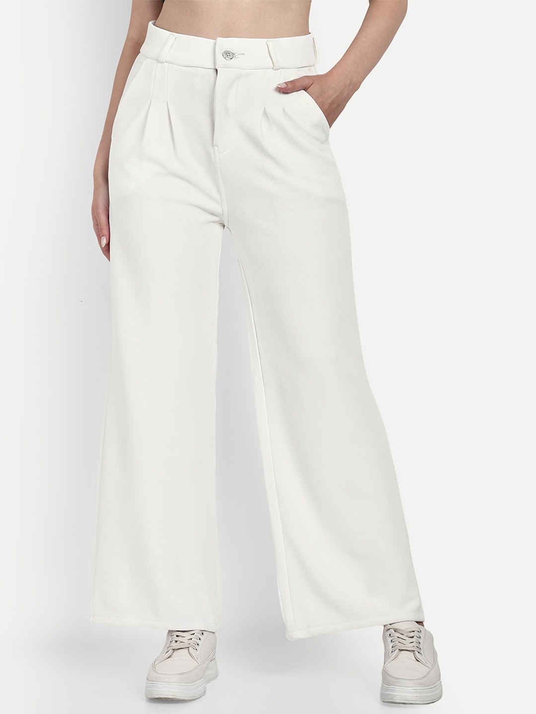 

Next One Women Smart Loose Fit High-Rise Easy Wash Cotton Wide Leg Trousers, White