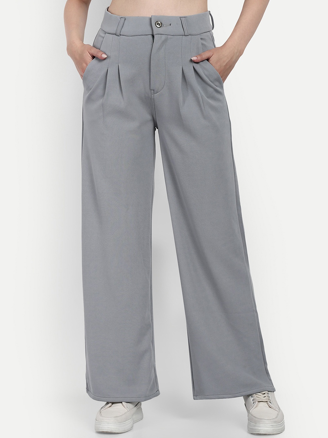

Next One Women Smart Loose Fit High-Rise Cotton Easy Wash Trousers, Grey