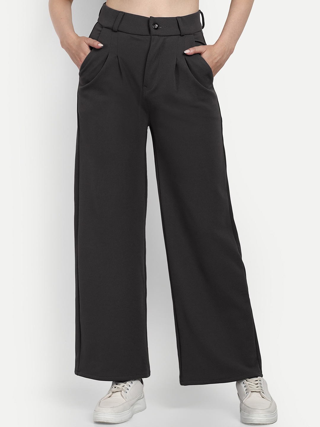 

Next One Women Smart Loose Fit High-Rise Easy Wash Cotton Parallel Trousers, Grey