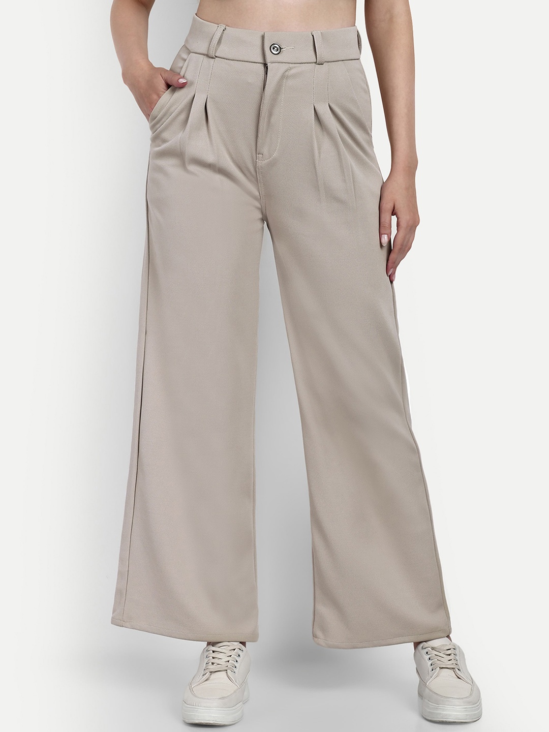 

Next One Women Smart Loose Fit High-Rise Cotton Easy Wash Pleated Trousers, Beige