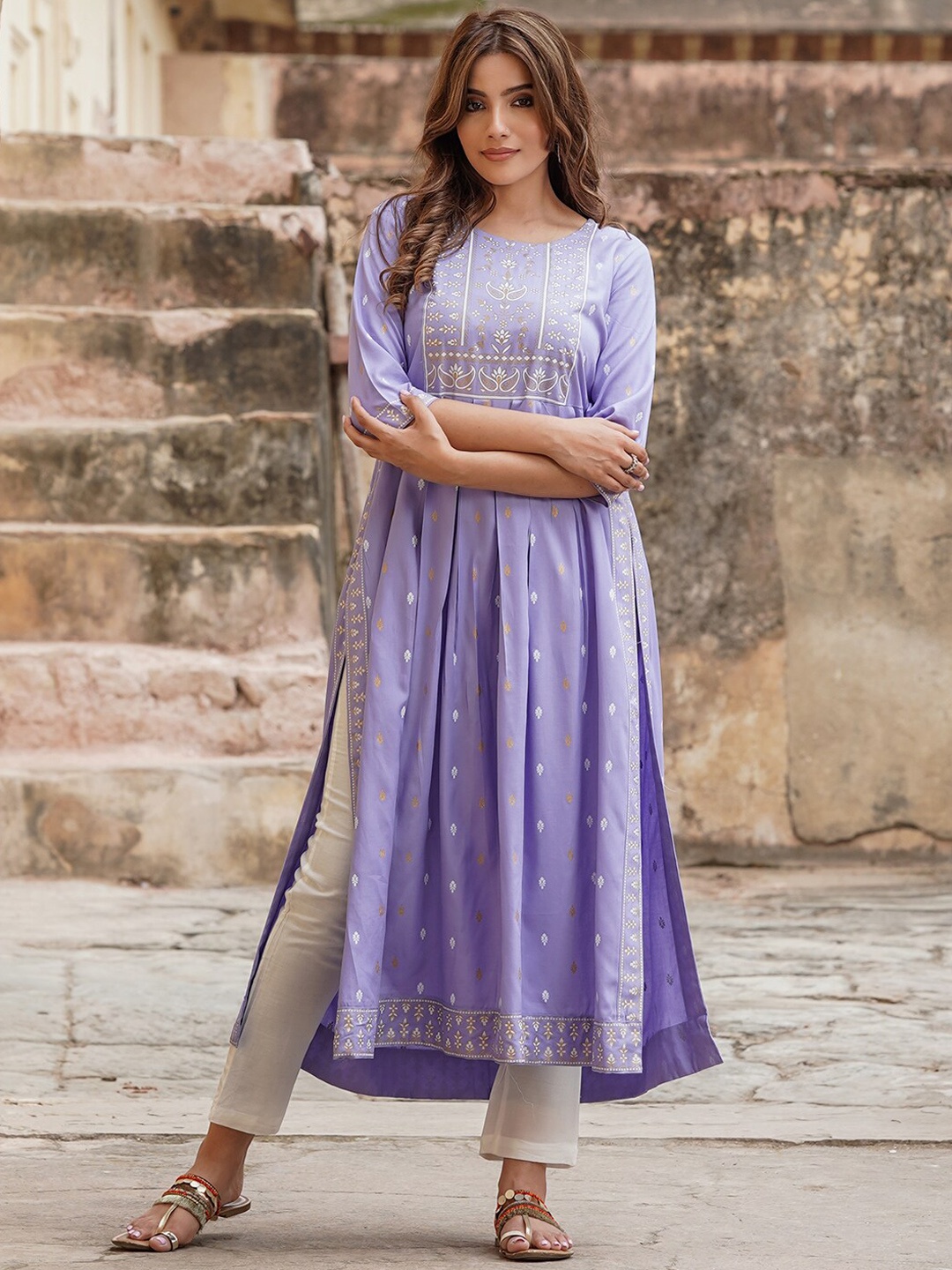 KALINI Ethnic Motif Printed High-Slit Kurta
