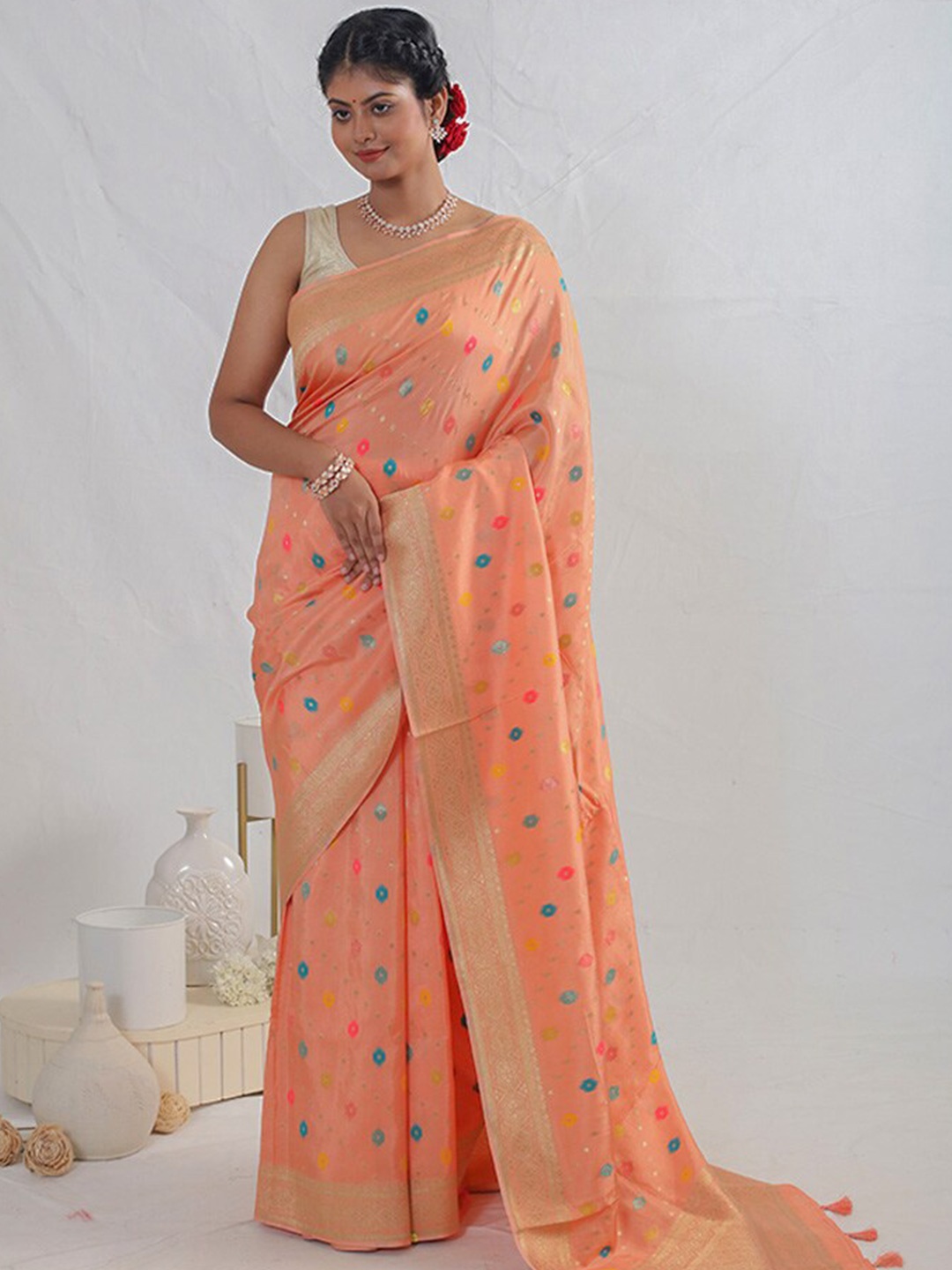 

AllSilks Ethnic Motif Woven Design Zari Saree, Peach