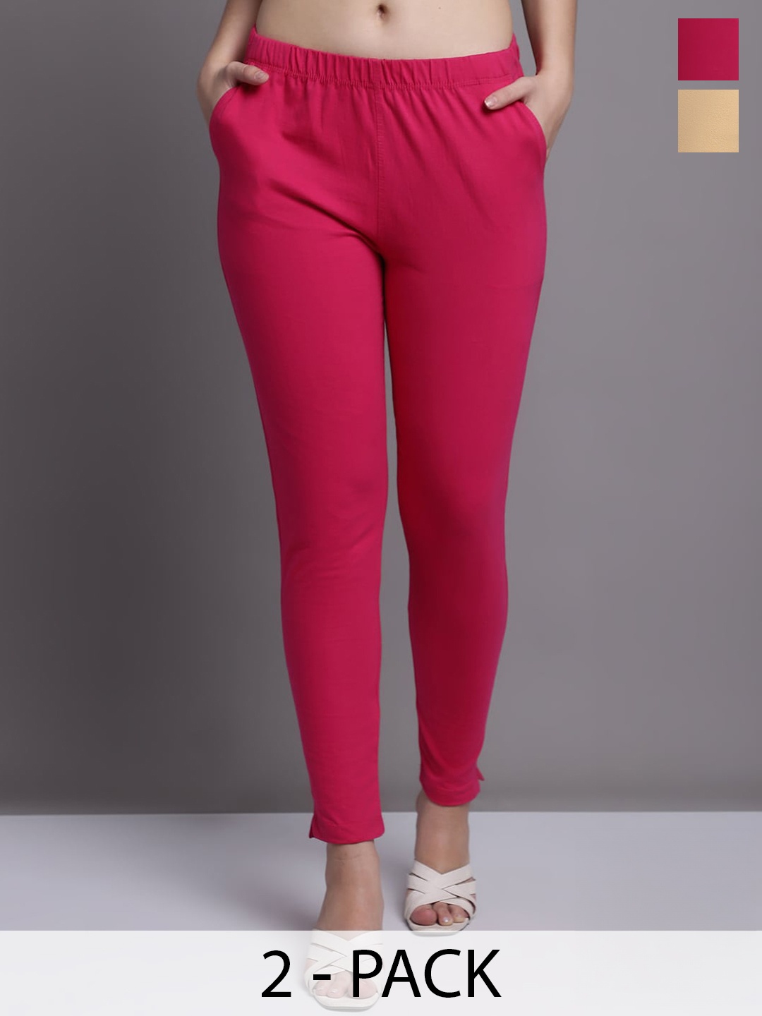 

GRACIT Women Pink Beige Pack of 2 Cotton Ankle length Leggings with side pocket