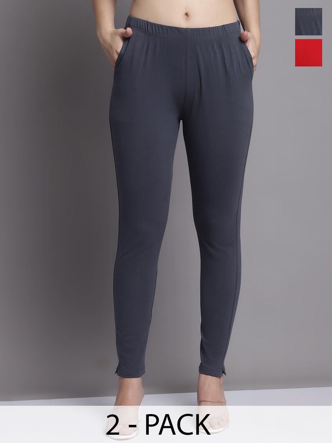 

GRACIT Pack Of 2 Cotton Ankle-length Leggings, Red