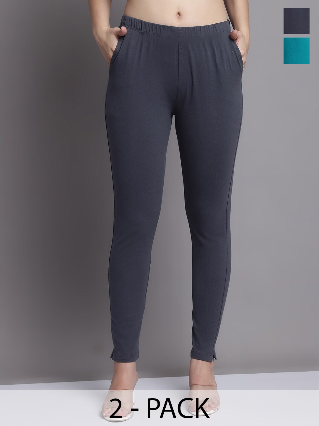 

GRACIT Women Grey Sea Green Pack of 2 Cotton Ankle length Leggings with side pocket