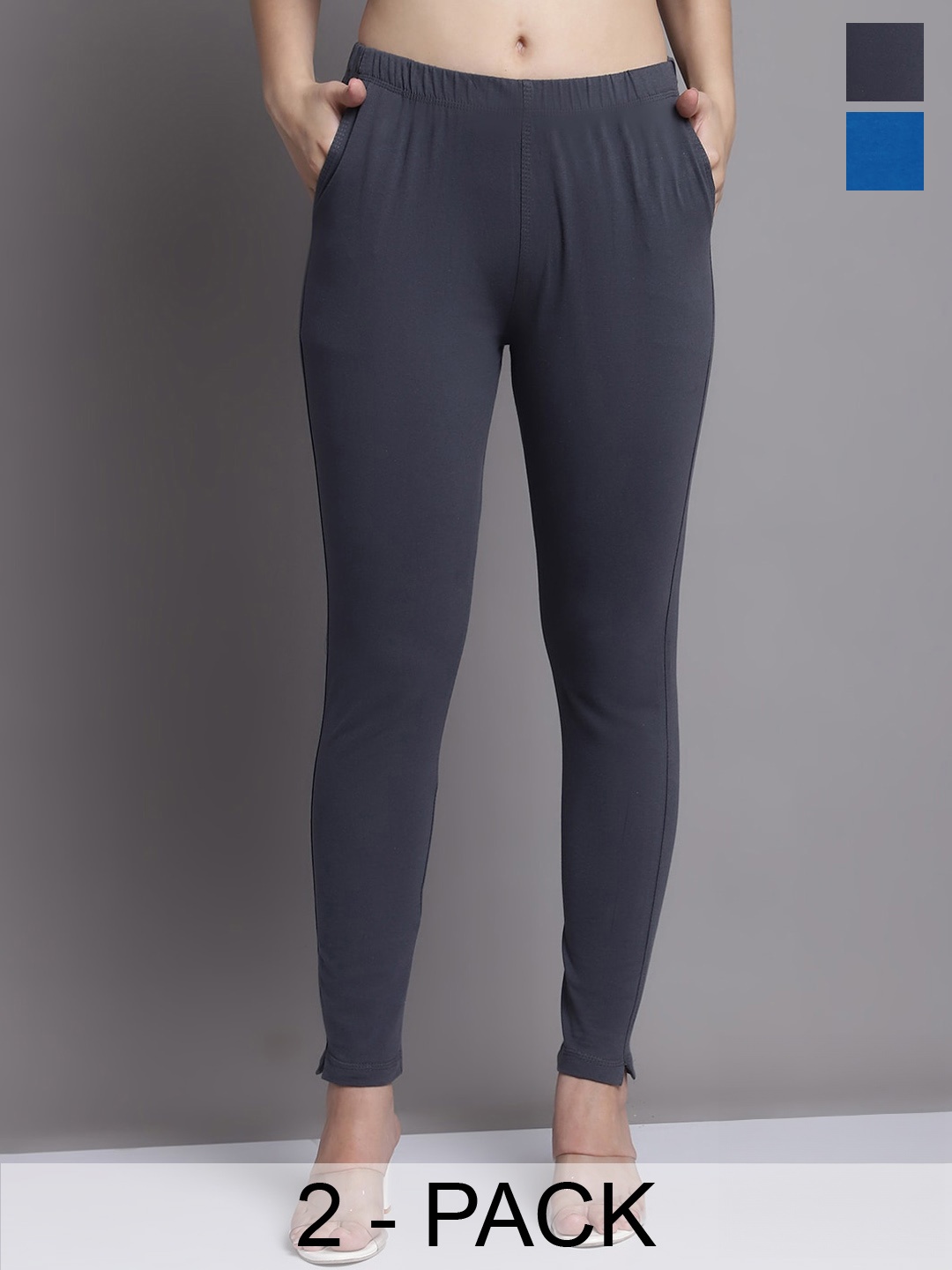

GRACIT Women Grey Blue Pack of 2 Cotton Ankle length Leggings with side pocket