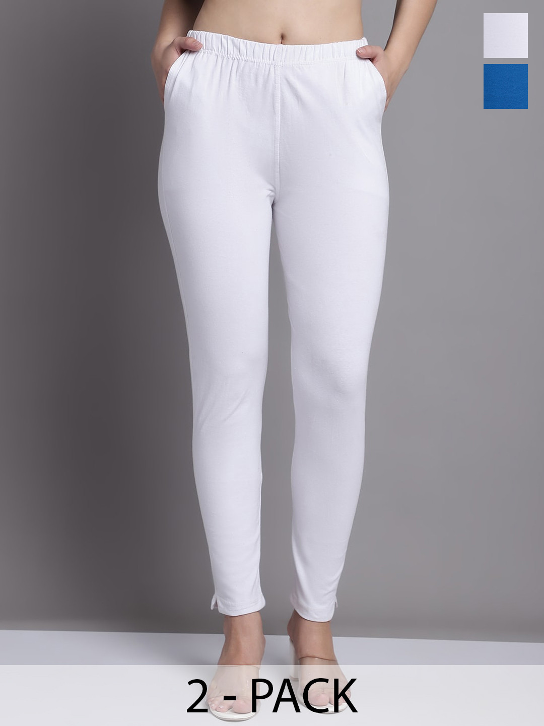 

GRACIT Women White Blue Pack of 2 Cotton Ankle length Leggings with side pocket