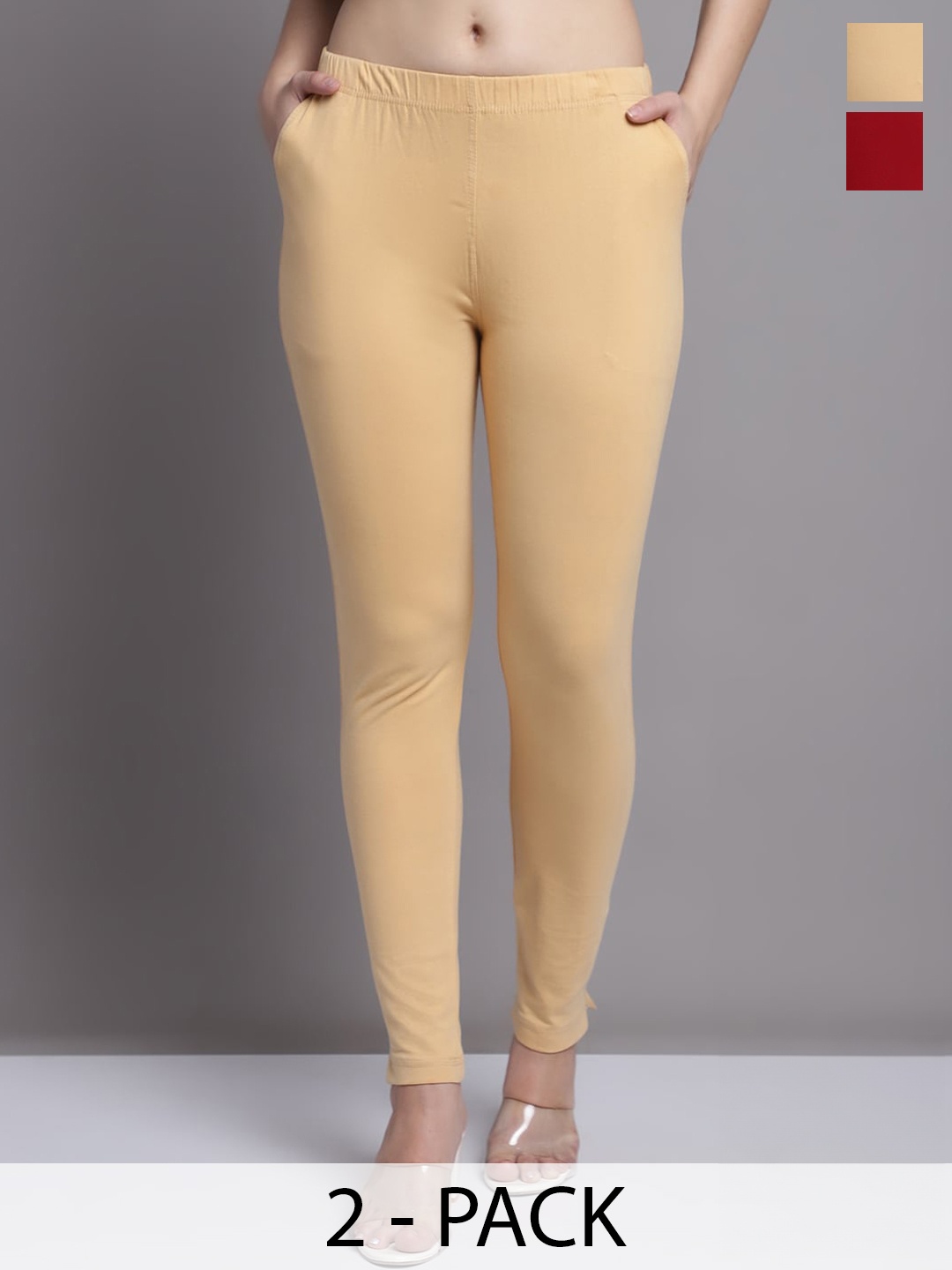 

GRACIT Women Beige Maroon Pack of 2 Cotton Ankle length Leggings with side pocket, Nude