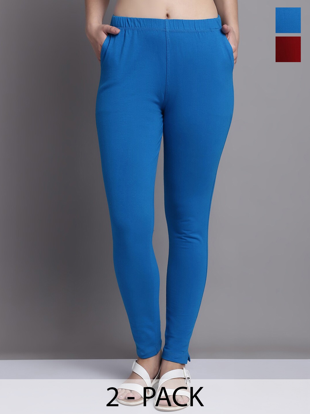 

GRACIT Women Blue Maroon Pack of 2 Cotton Ankle length Leggings with side pocket