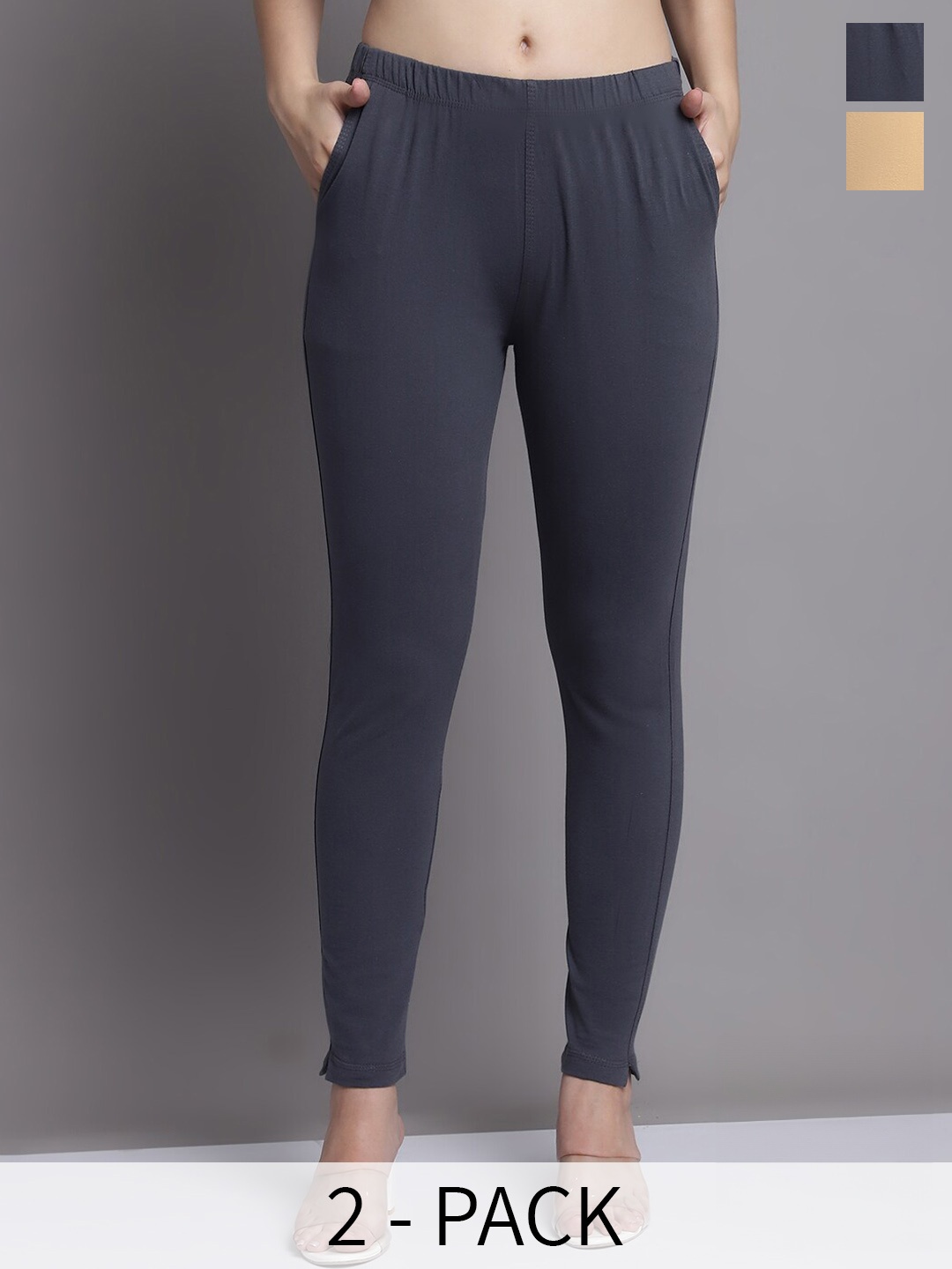 

GRACIT Women Grey Beige Pack of 2 Cotton Ankle length Leggings with side pocket