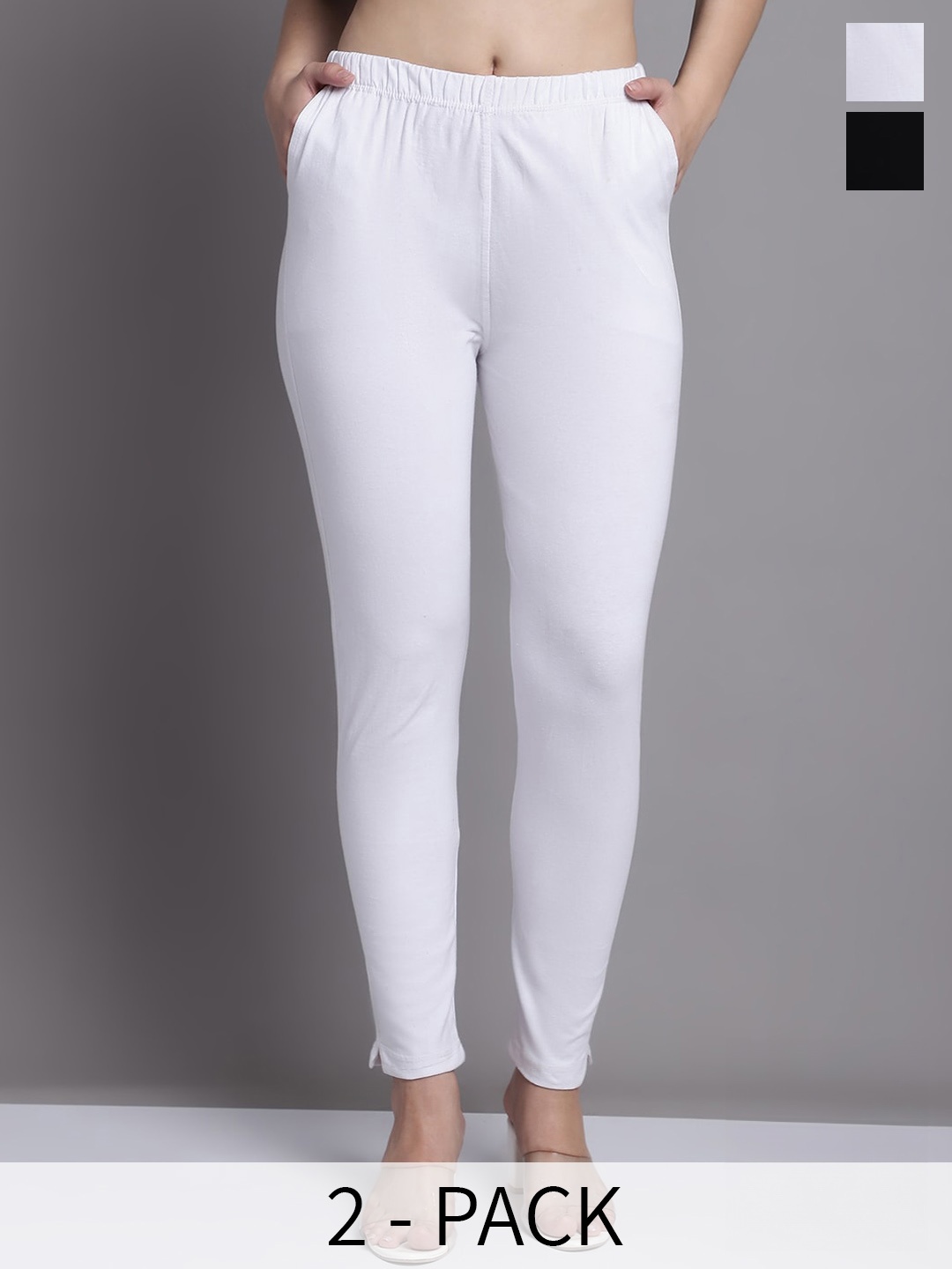 

GRACIT Women Black White Pack of 2 Cotton Ankle length Leggings with side pocket
