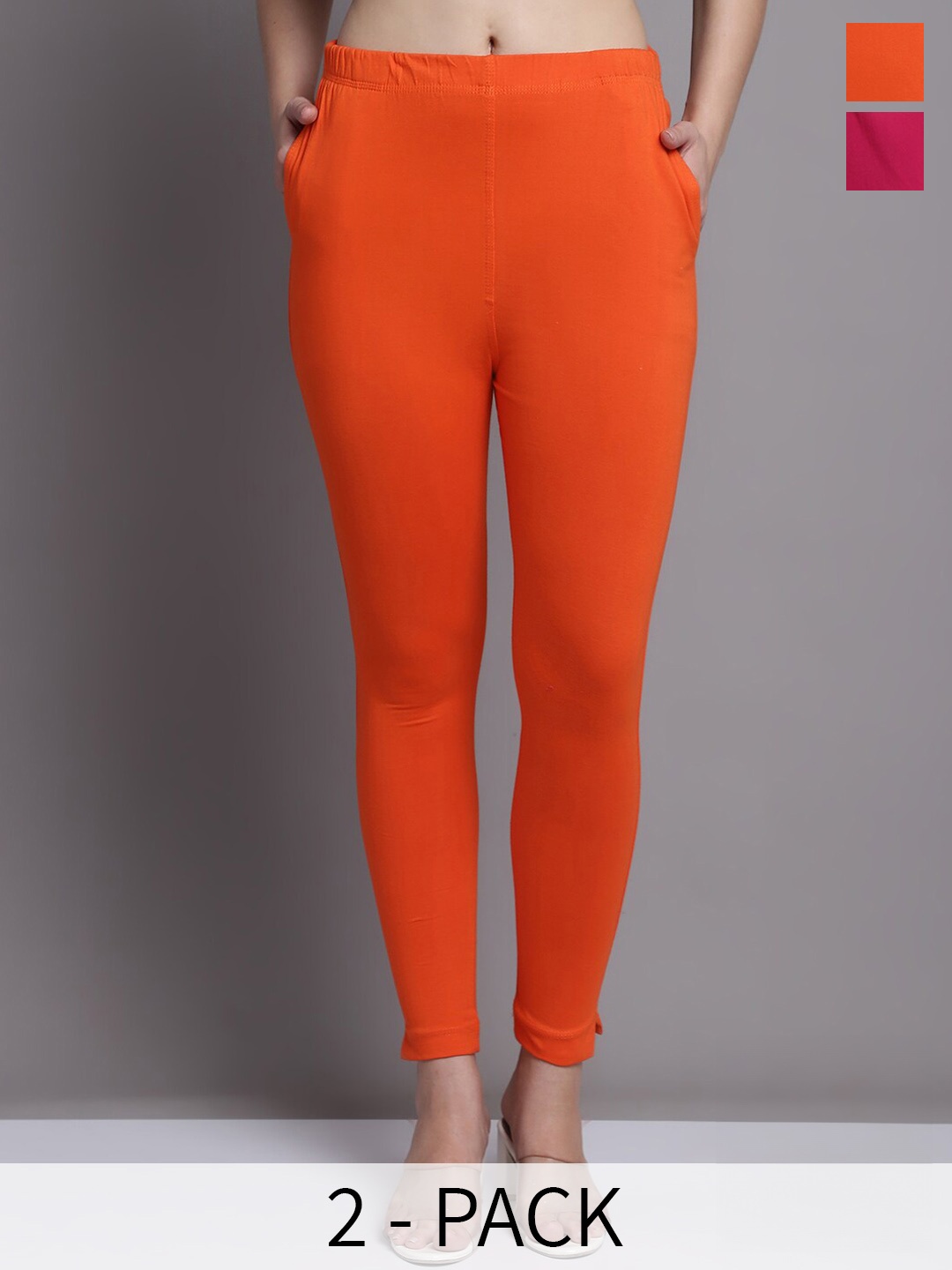 

GRACIT Women Pink Orange Pack of 2 Cotton Ankle length Leggings with side pocket
