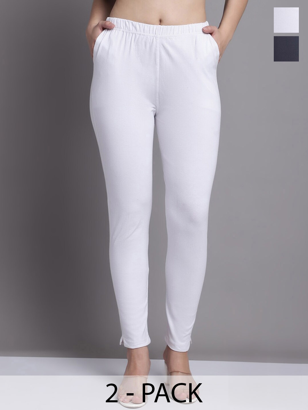 

GRACIT Women White Grey Pack of 2 Cotton Ankle length Leggings with side pocket