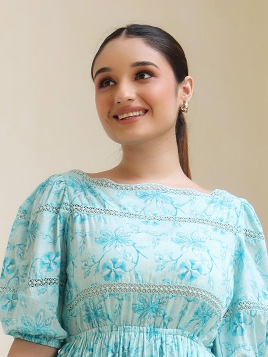 

PINKVILLE JAIPUR Floral Printed Puff Sleeves Midi Dress With Cut Out Detail, Turquoise blue