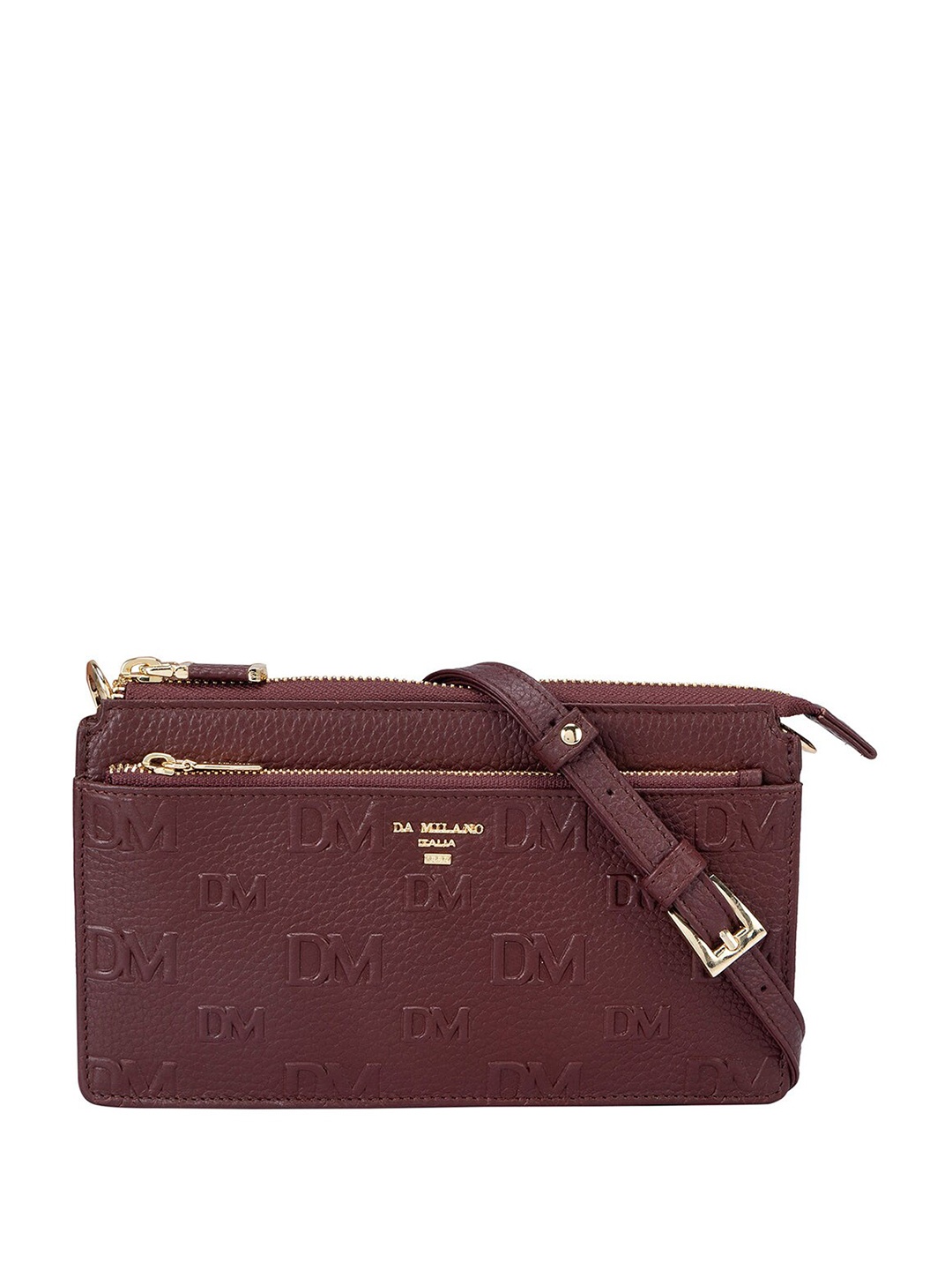 

Da Milano Women Brand Logo Textured Leather Zip Around Wallet With Sling Strap, Maroon