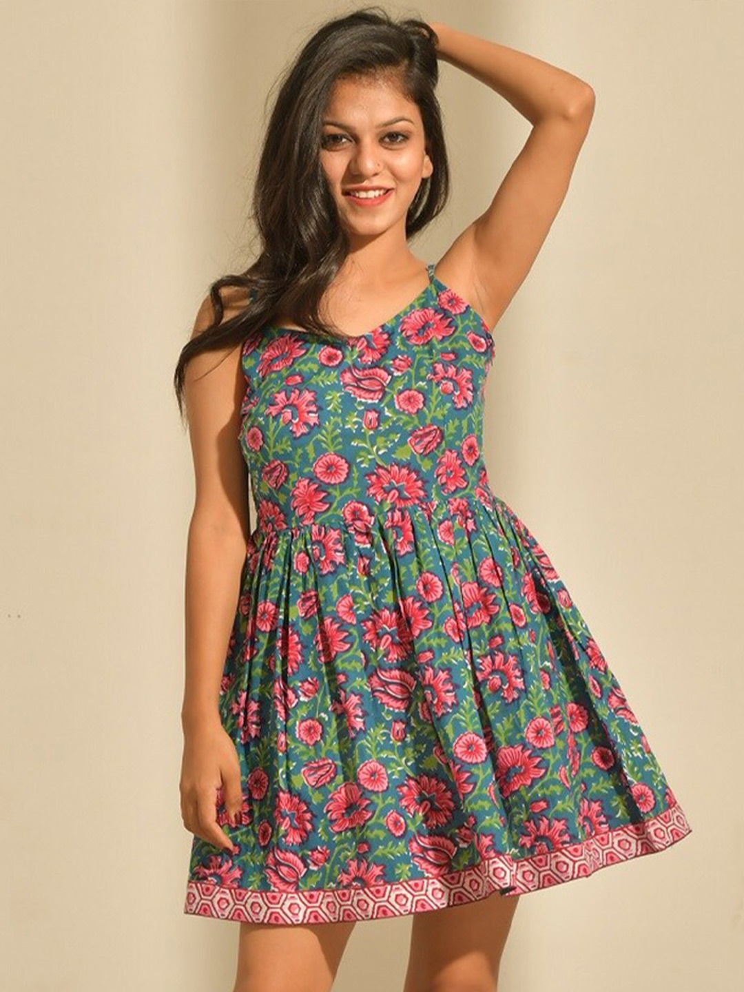 

PINKVILLE JAIPUR Floral Printed Shoulder-Straps Fit & Flare Cotton Dress, Blue