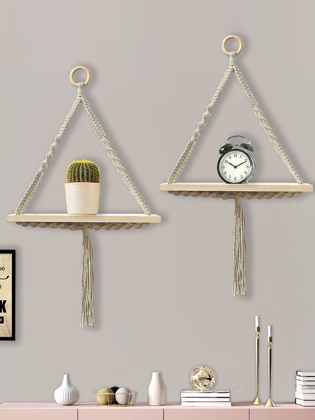 

Homesake Beige 2 Pieces Wooden Pocket Wall Shelves