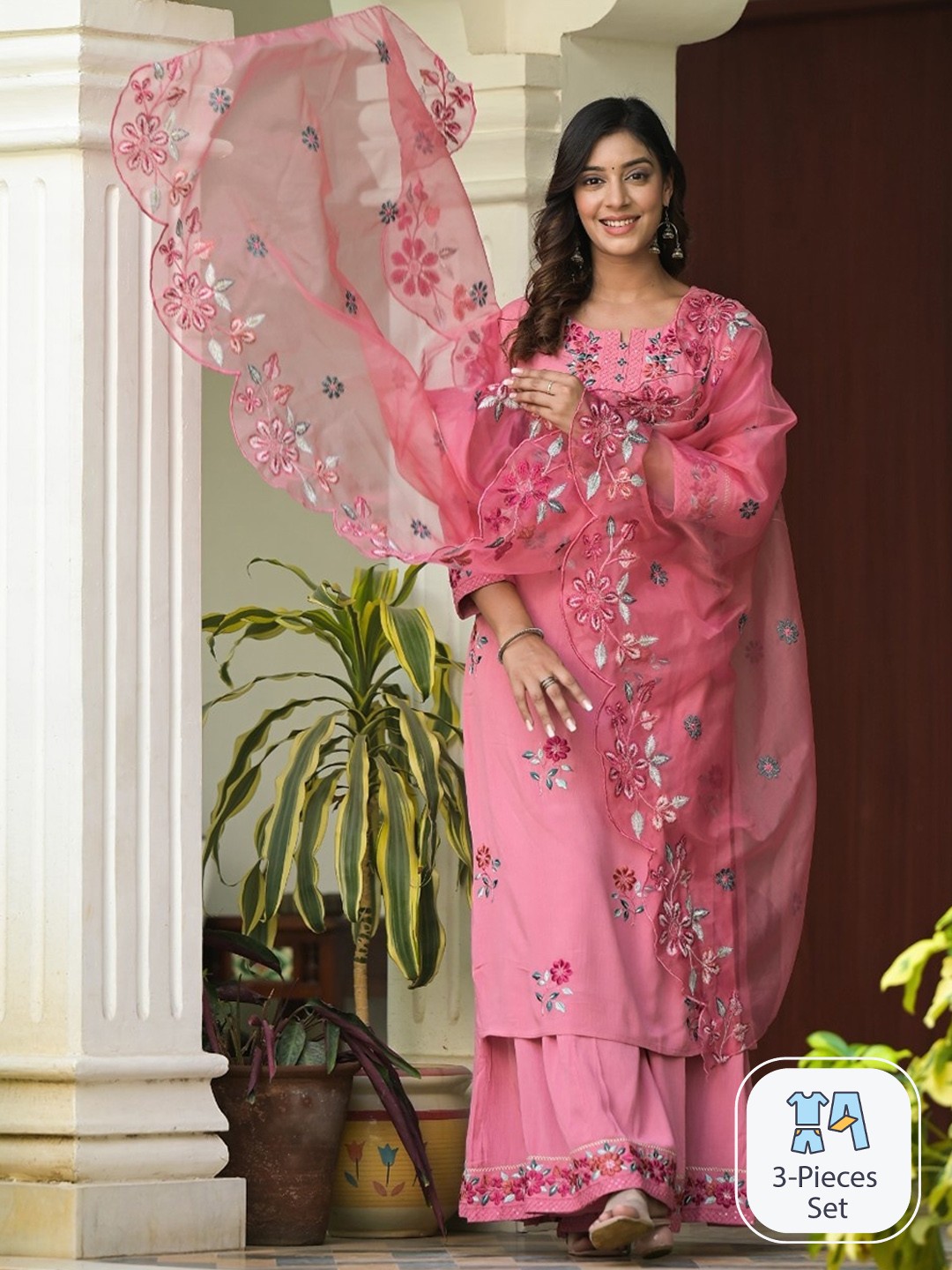 

Sangria Pink Floral Embroidered Straight Sequinned Kurta With Palazzo & Dupatta