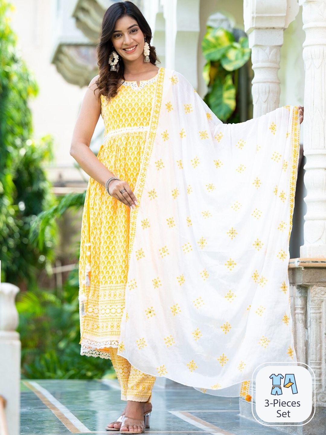 

Sangria Ethnic Motifs Embroidered A-Line Kurta With Trouser & Dupatta, Yellow