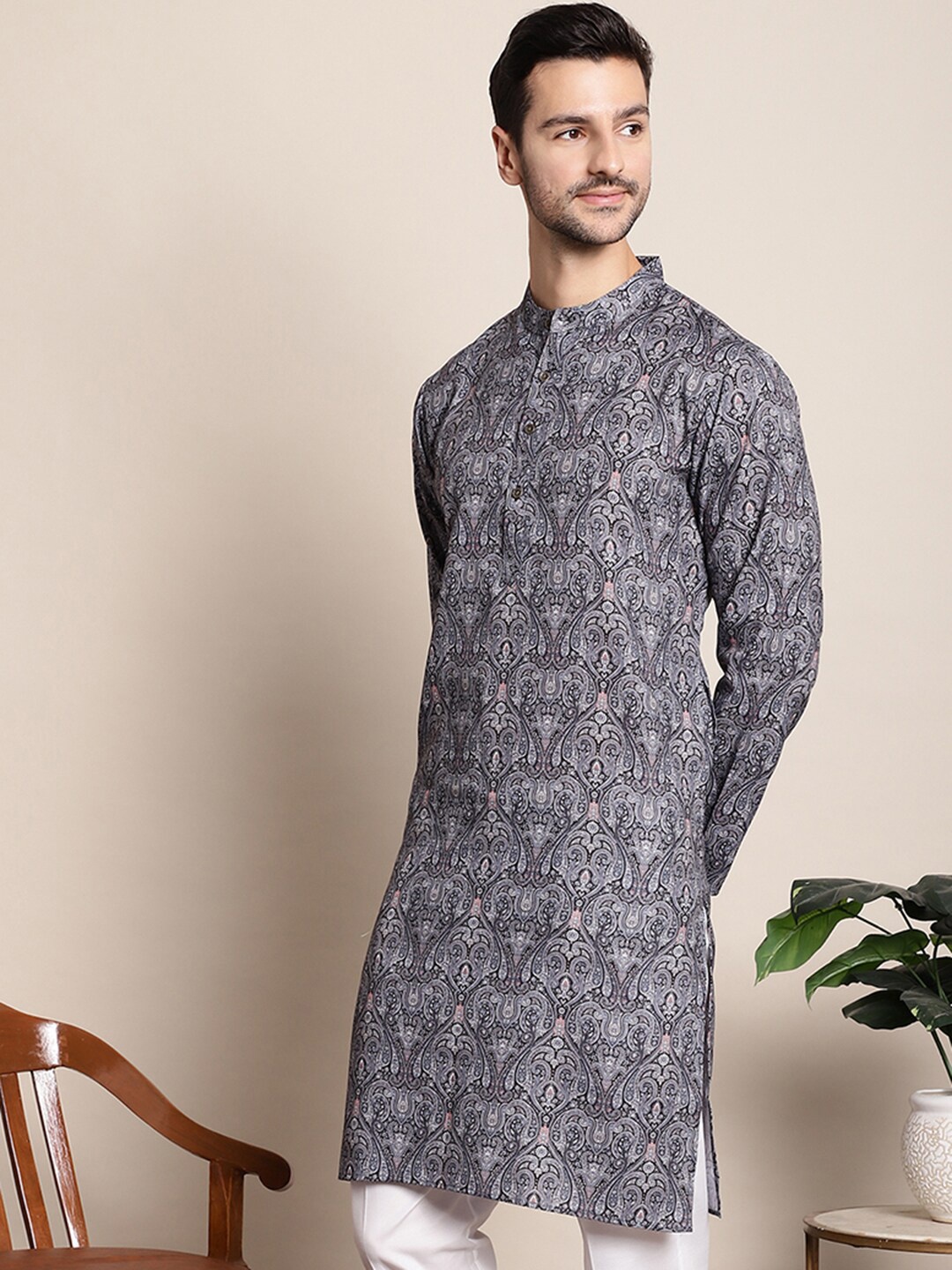 

Anouk Grey Ethnic Motifs Printed Band Collar Kurta
