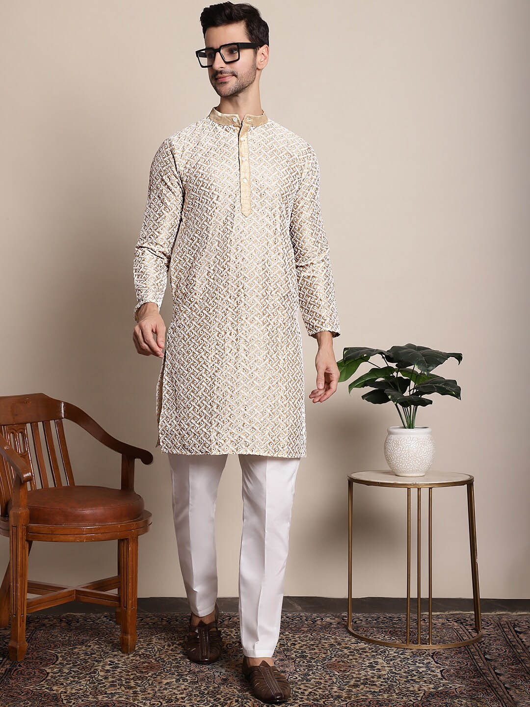 

Anouk Beige Ethnic Motifs Embroidered Band Collar Jacquard Dupion Silk Kurta