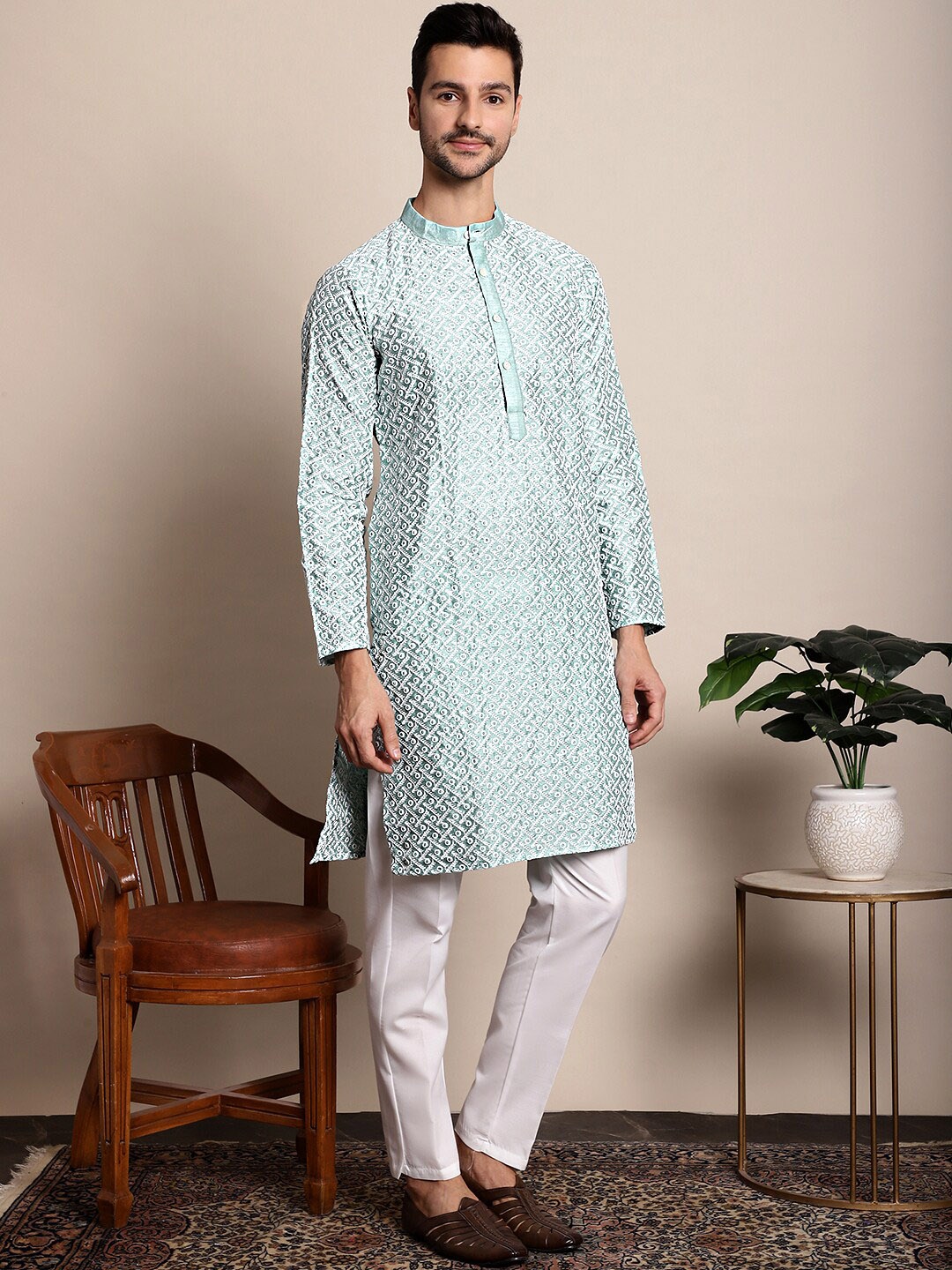 

Anouk Embroidered Band Collar Dupion Silk Kurta, Turquoise blue