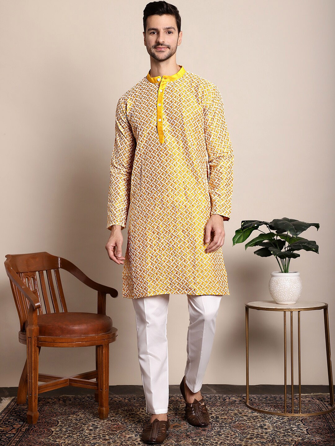 

Anouk Mustard Yellow Ethnic Embroidered Jacquard Band Collar Dupion Silk Kurta
