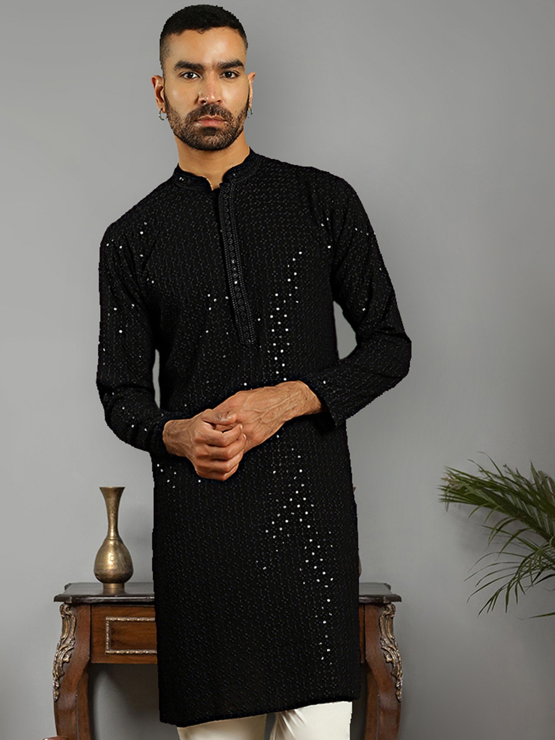 

Anouk Black Floral Embroidered Band Collar Sequins Detail Pure Cotton Straight Kurta