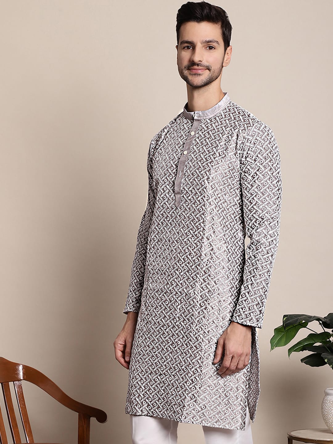 

Anouk Embroidered Dupion Silk Kurta, Grey