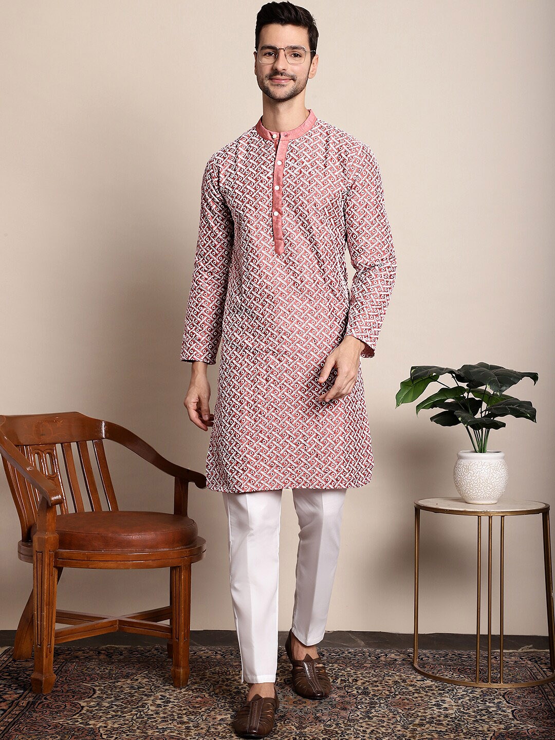 

Anouk Peach-Coloured Ethnic Motifs Embroidered Jacquard Band Collar Dupion Silk Kurta