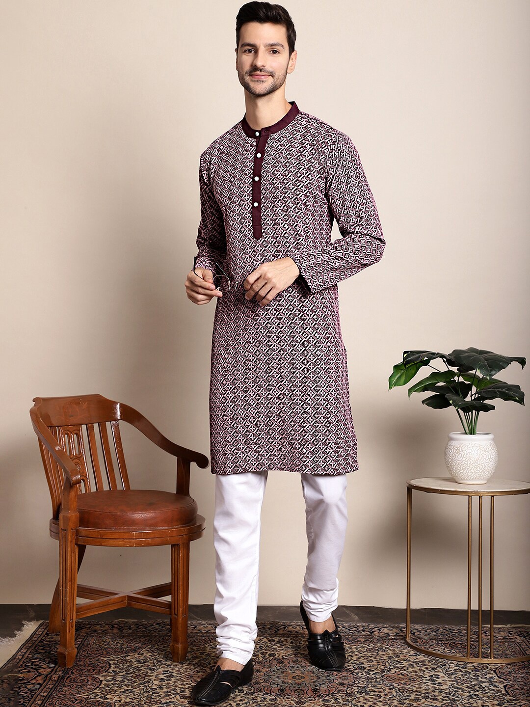 Anouk Purple Ethnic Motifs Chikankari Embroidered Band Collar Kurta