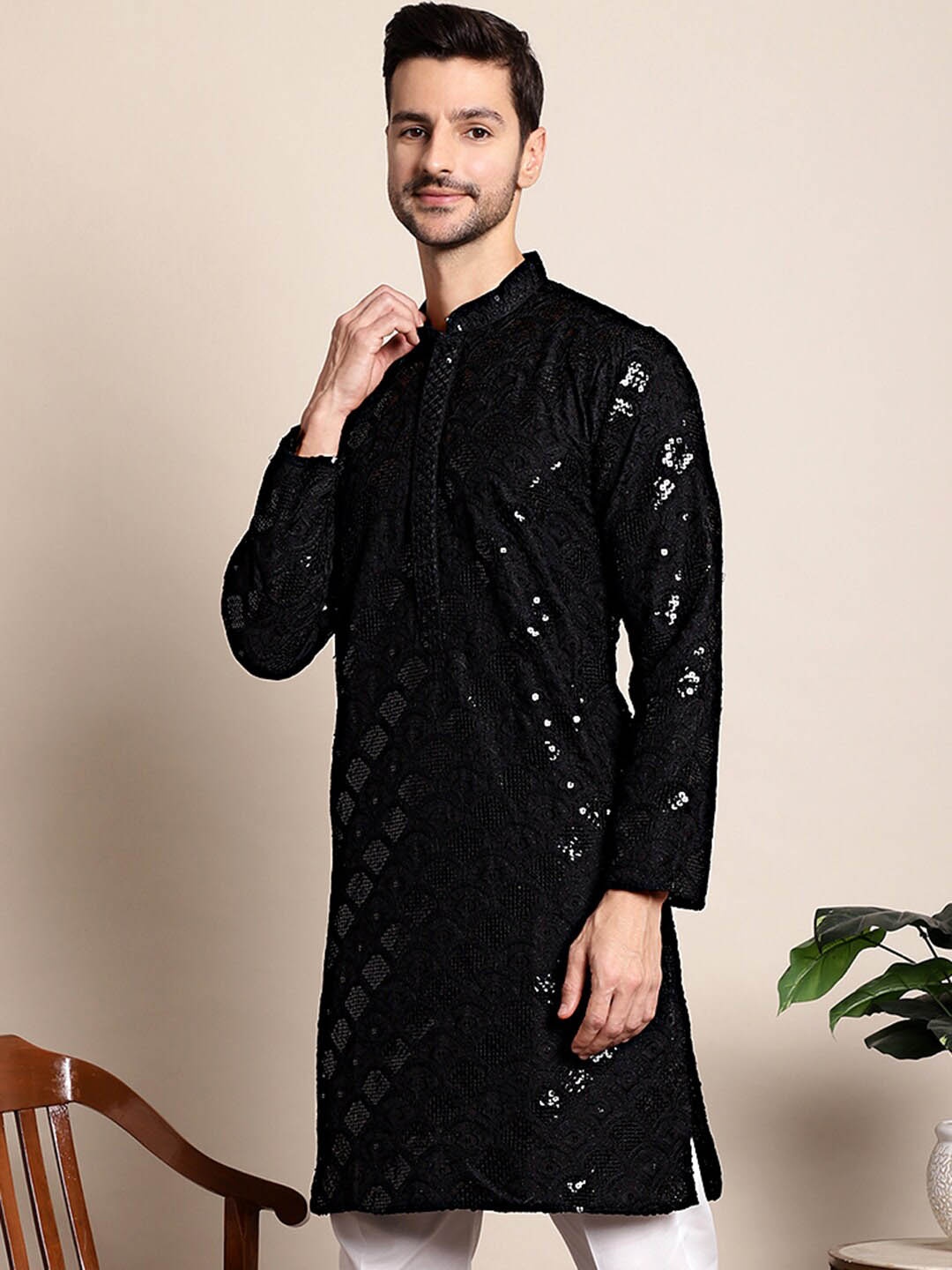 

Anouk Black Ethnic Motifs Embroidered Sequinned Mandarin Collar Kurta