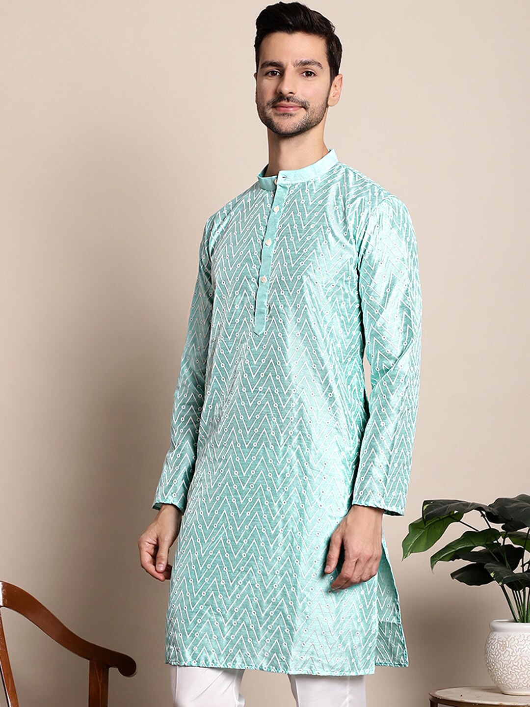 

Anouk Embroidered Band Collar Silk Cotton Kurta, Turquoise blue
