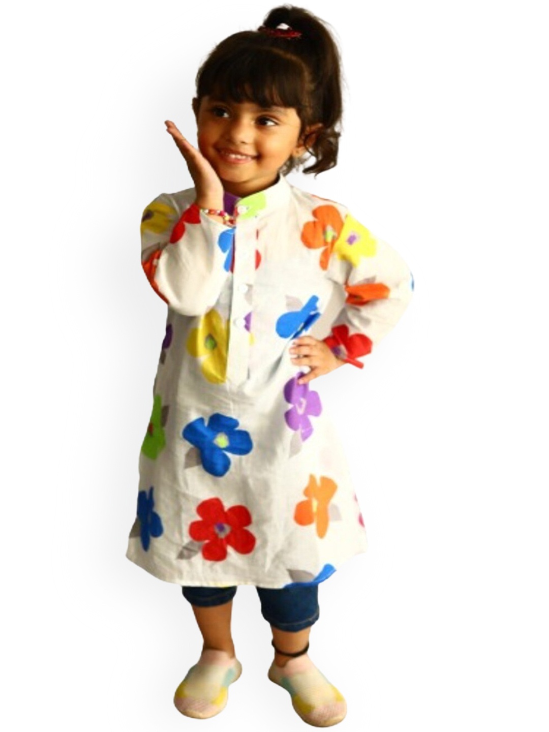 

Little Musketeer Girls Floral Printed Band Collar Cotton Straight Kurta, White