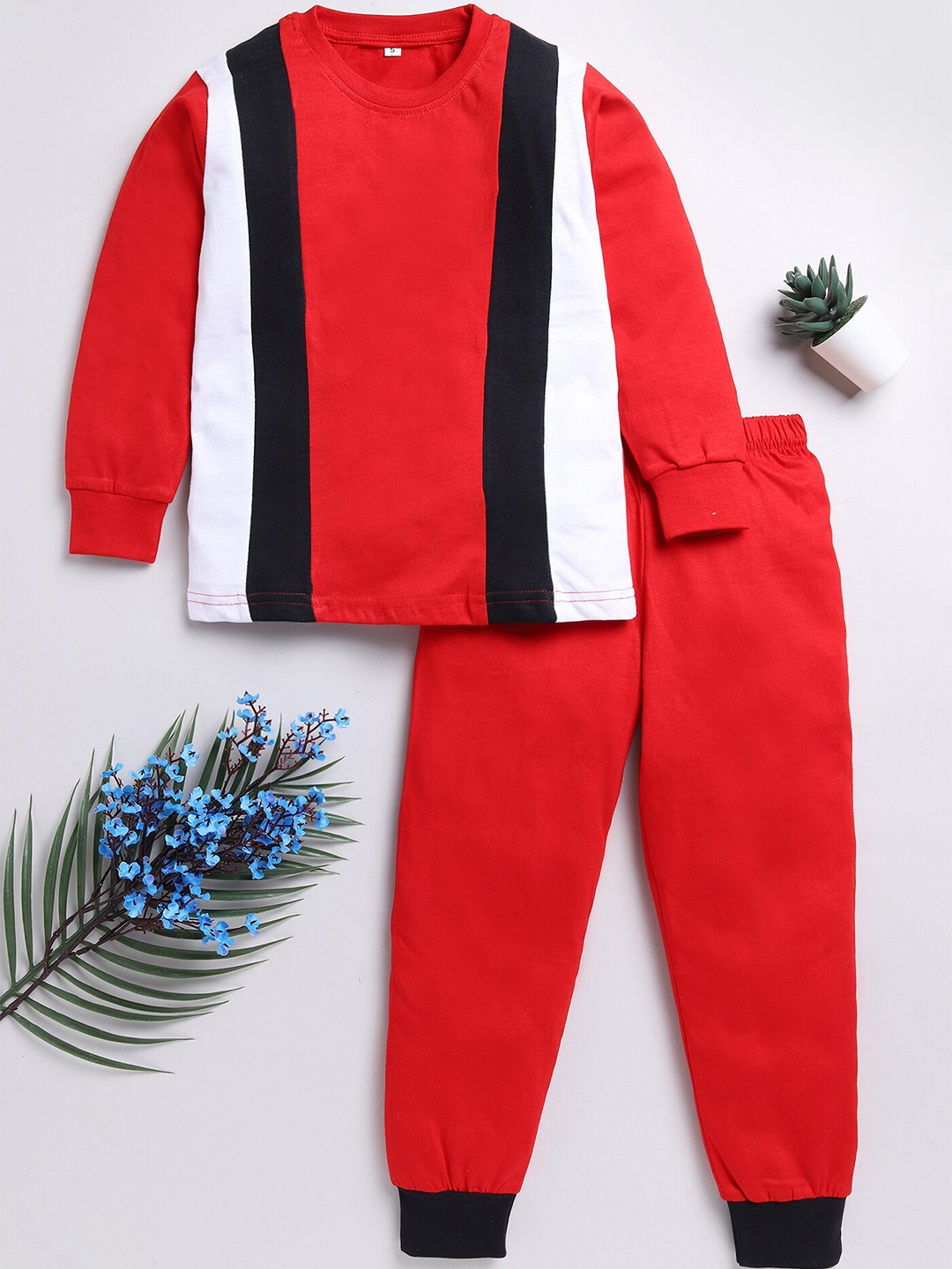 

SmartRAHO Boys Striped Pure Cotton T-Shirt With Trousers, Red