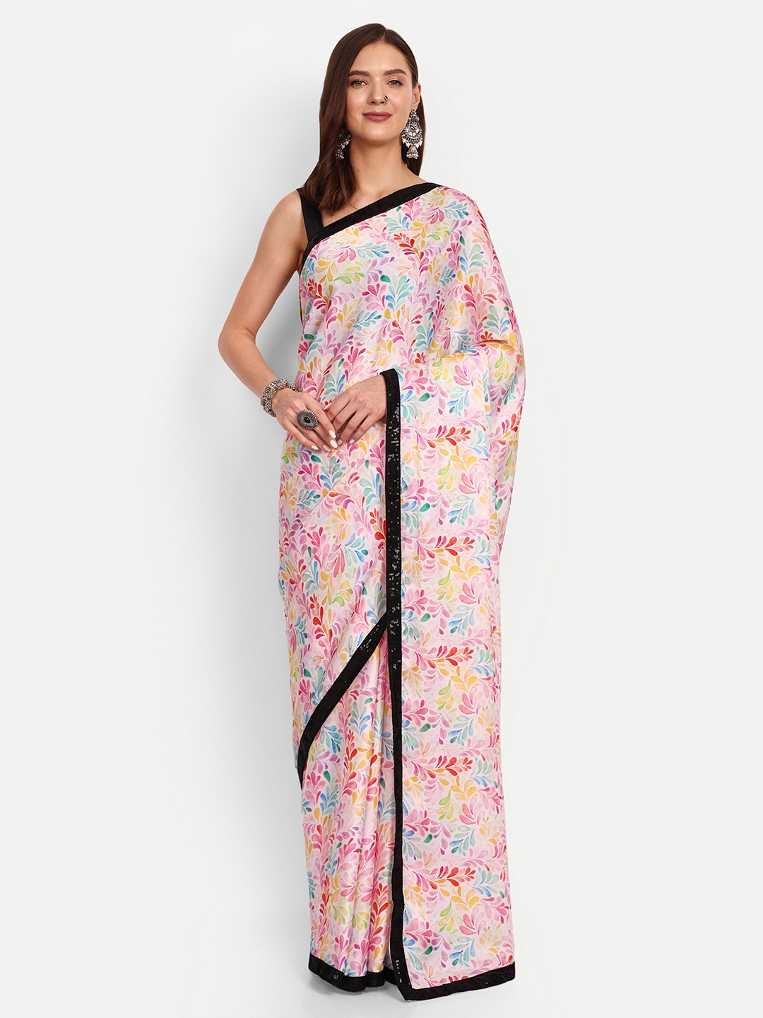 

DrapeMall Floral Printed Satin Saree, Pink