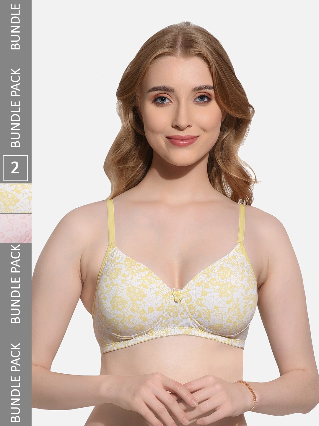 

FIMS Pack Of 2 Printed Full Coverage Lightly Padded T-shirt Bra With All Day Comfort, Yellow