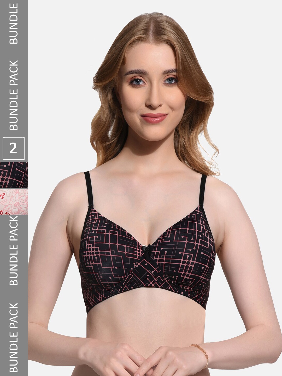 

FIMS Pack Of 2 Printed Full Coverage Lightly Padded T-shirt Bra With All Day Comfort, Black