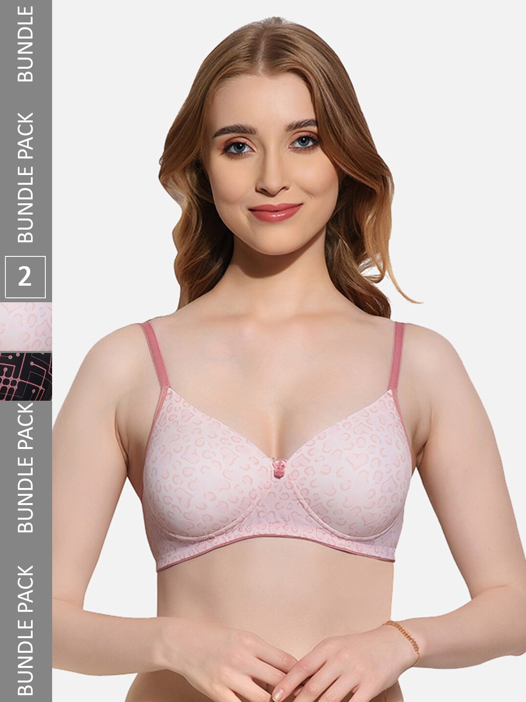 

FIMS Pack Of 2 Printed Full Coverage Lightly Padded T-shirt Bra With All Day Comfort, Pink