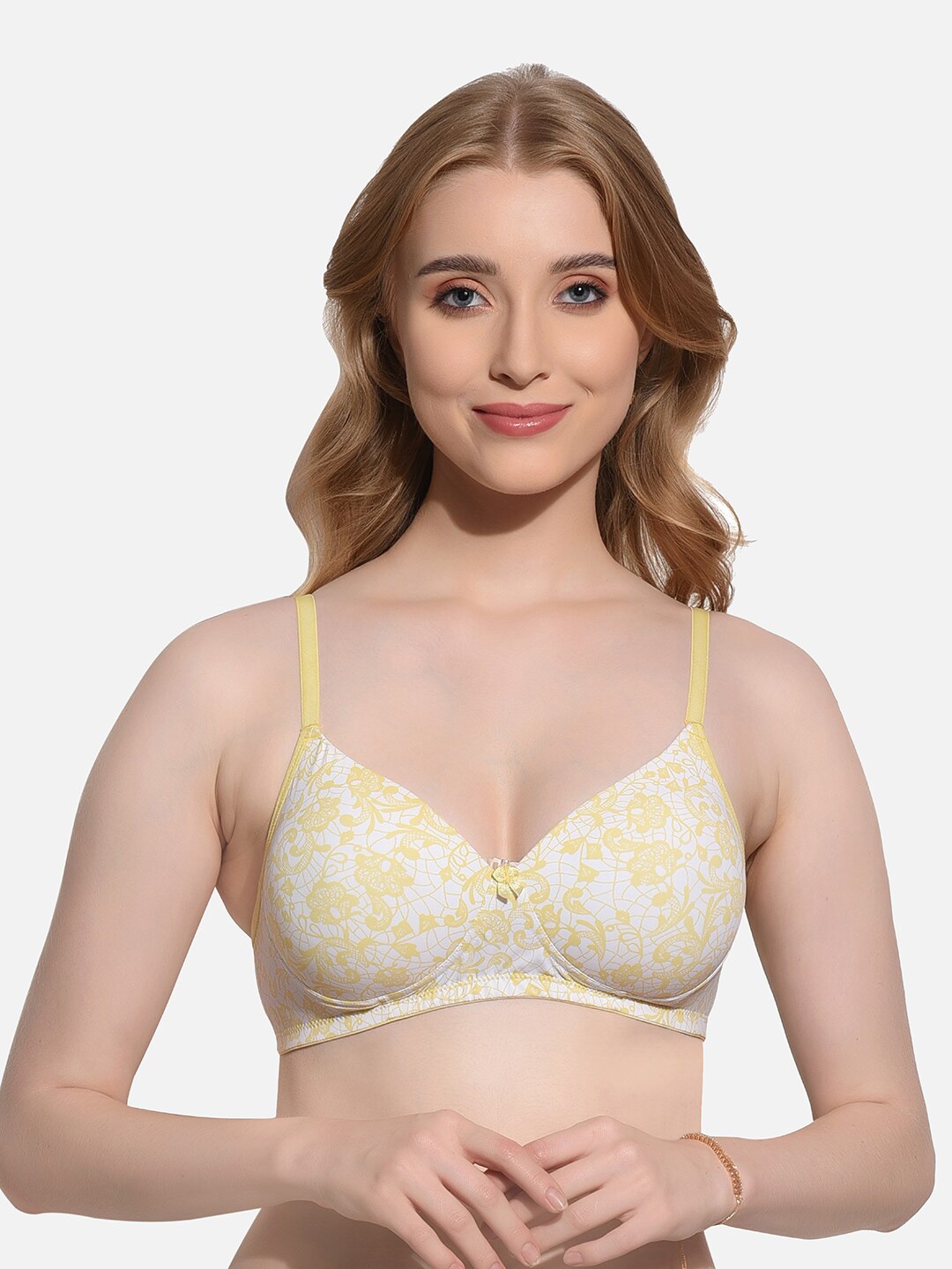 

FIMS Floral Printed Full Coverage Lightly Padded T-shirt Bra With All Day Comfort, Yellow