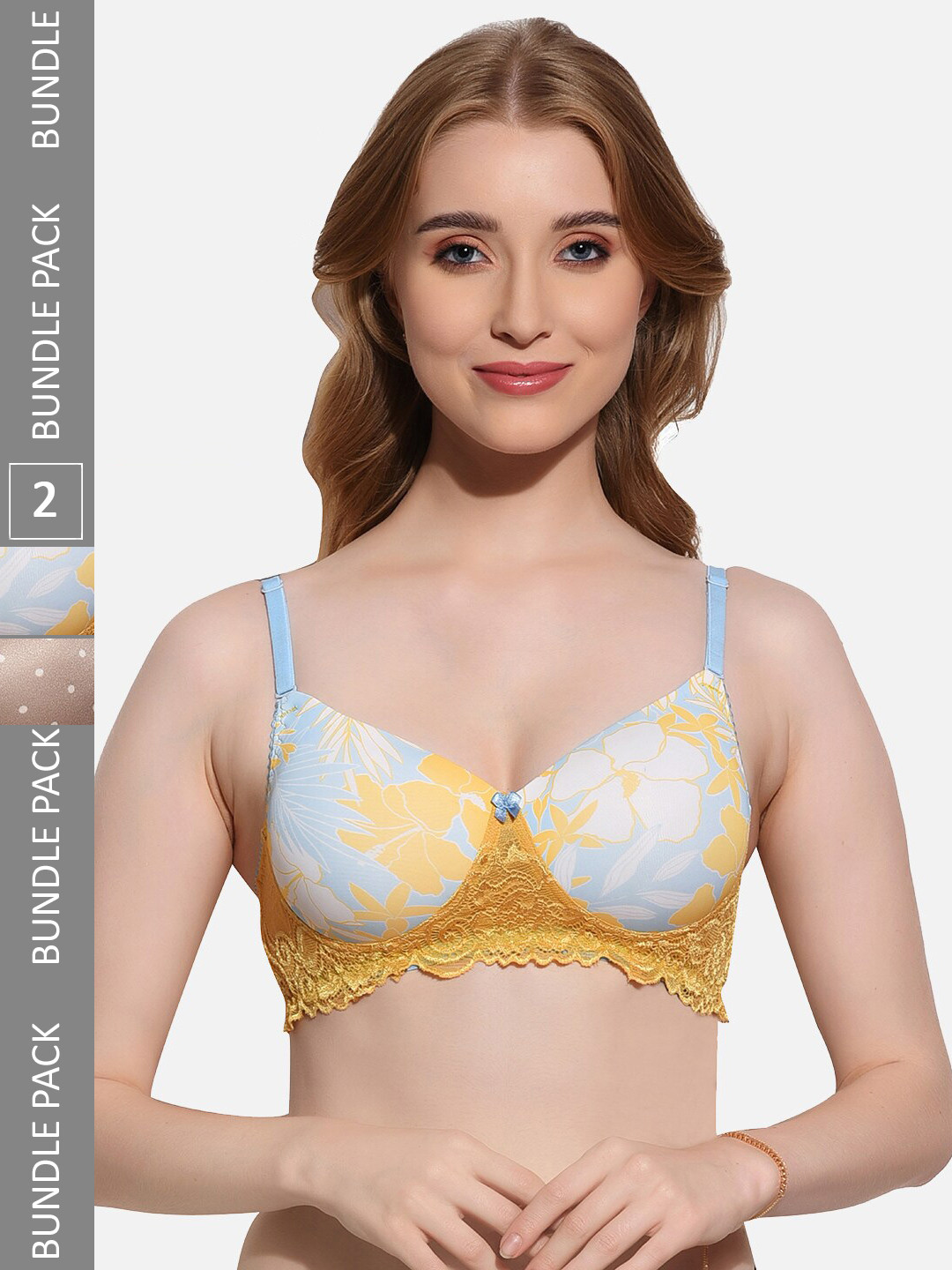 

FIMS Pack Of 2 Printed Full Coverage Lightly Padded T-shirt Bra With All Day Comfort, Yellow