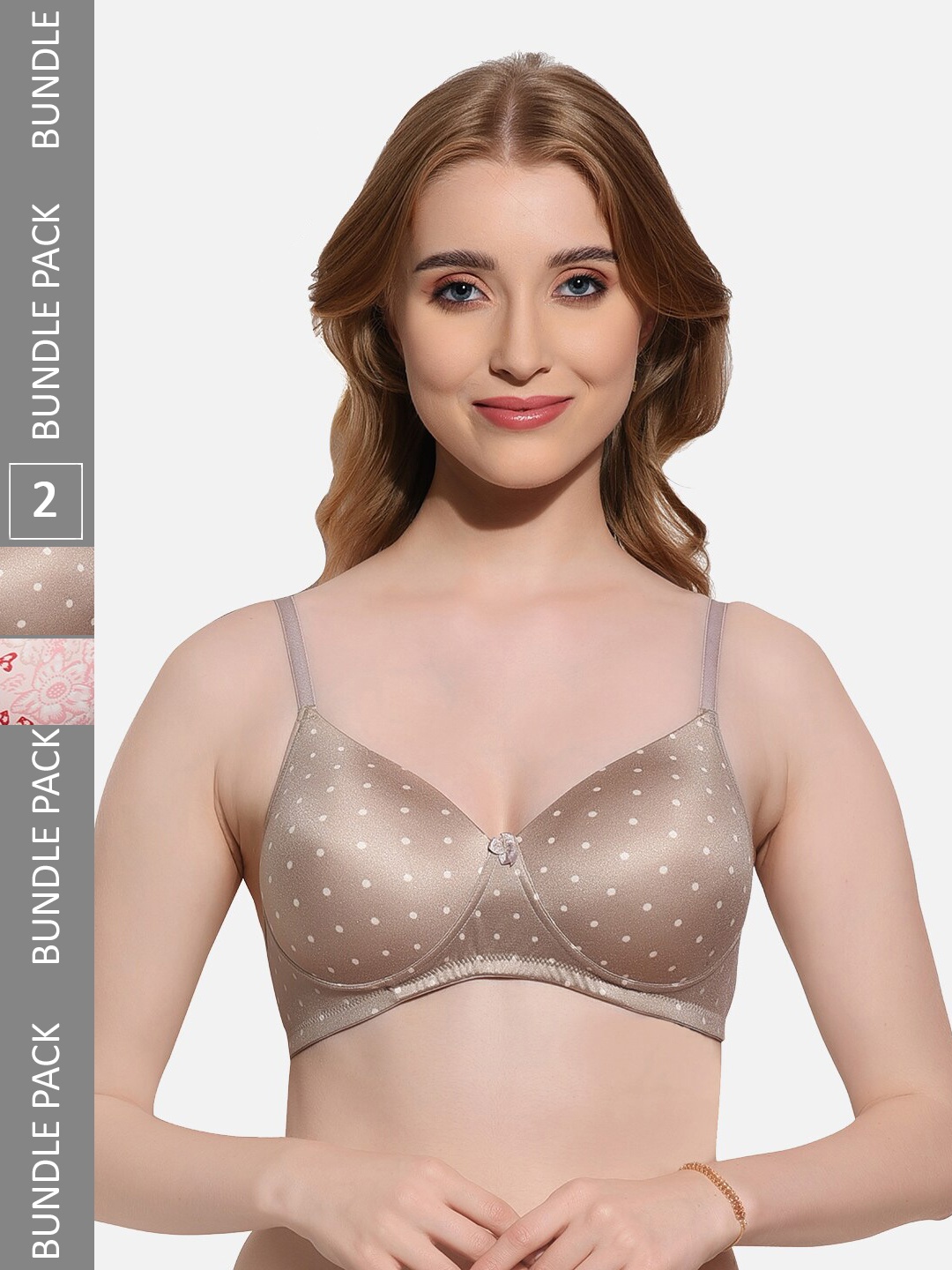 

FIMS Pack Of 2 Printed Full Coverage Lightly Padded T-shirt Bra With All Day Comfort, Gold