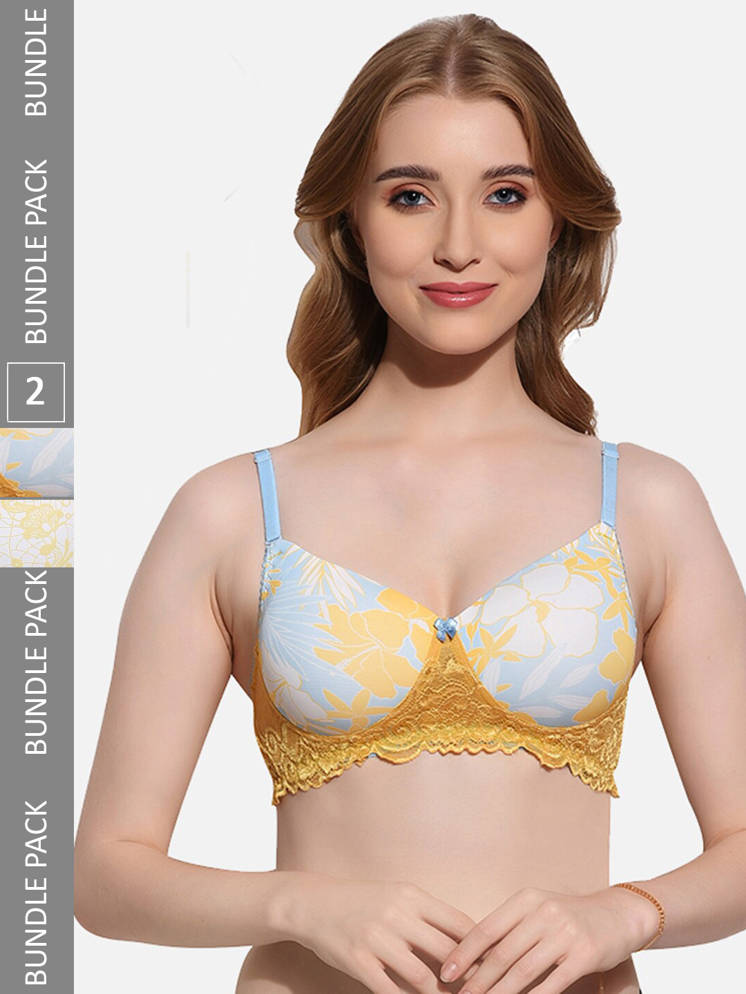 

FIMS Pack Of 2 Printed Full Coverage Lightly Padded T-shirt Bra With All Day Comfort, Blue