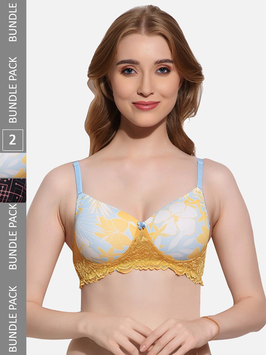 

FIMS Pack Of 2 Printed Full Coverage Lightly Padded T-shirt Bra With All Day Comfort, Yellow