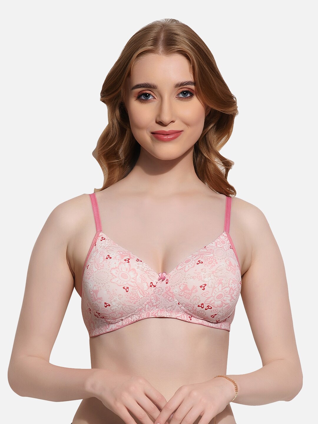 

FIMS Floral Printed Full Coverage Lightly Padded T-shirt Bra With All Day Comfort, Pink