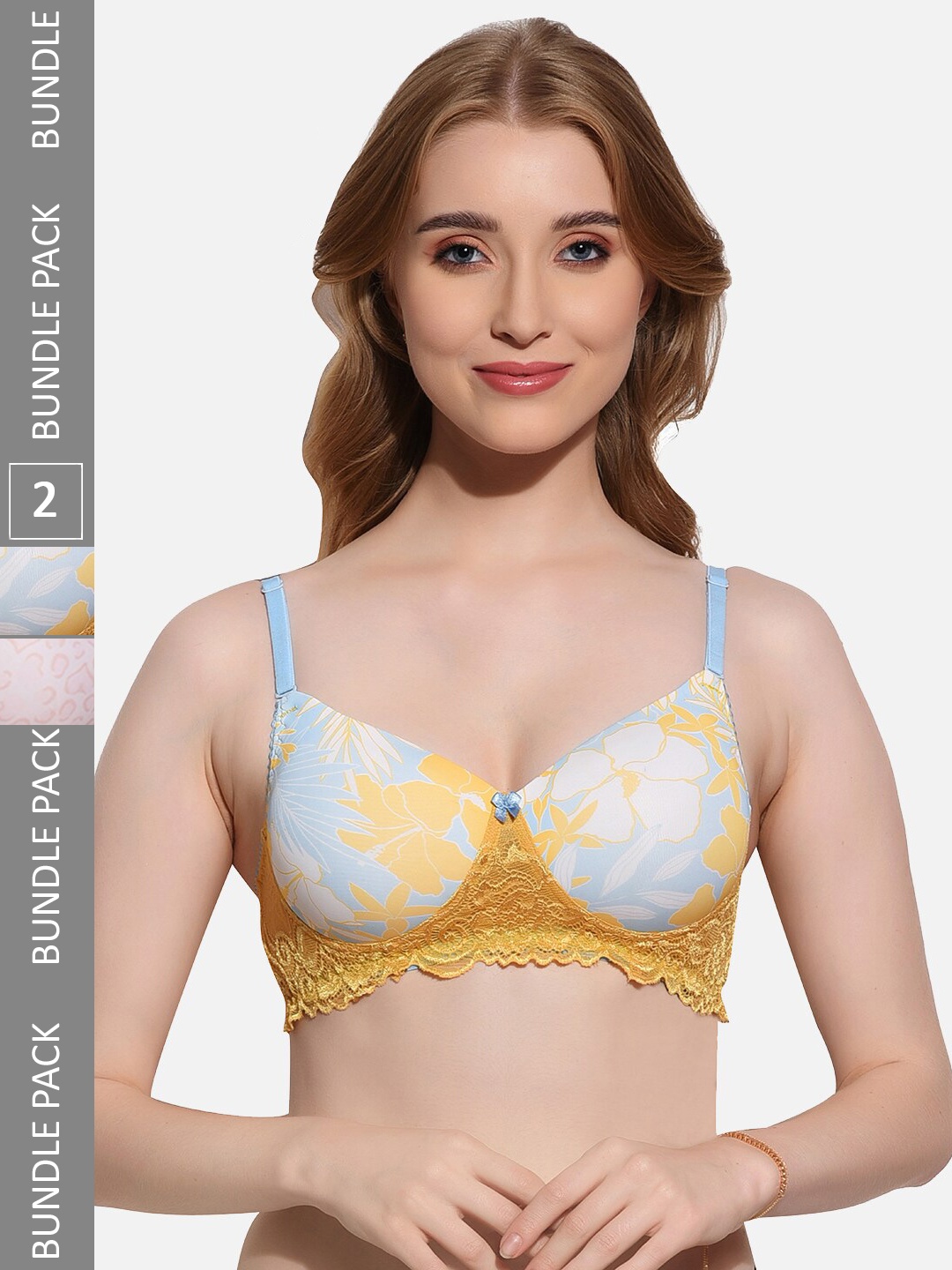 

FIMS Pack Of 2 Printed Full Coverage Lightly Padded T-shirt Bra With All Day Comfort, Yellow