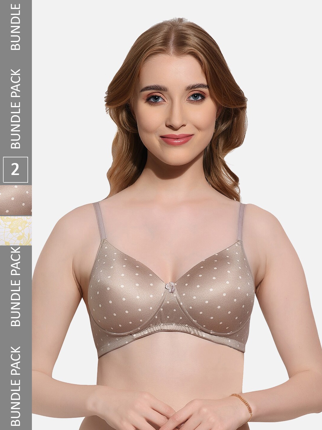 

FIMS Pack Of 2 Printed Full Coverage Lightly Padded T-shirt Bra With All Day Comfort, Gold